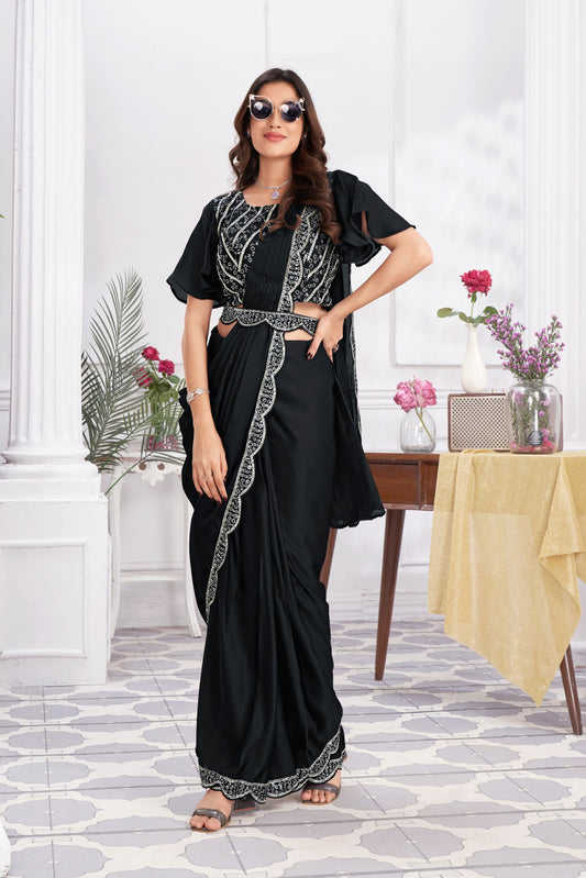 Premium Satin Silk Ready to Wear Saree & Stitched Blouse With Embroidery And Sequins Work Stitched Pallu Fancy Drape Sarees