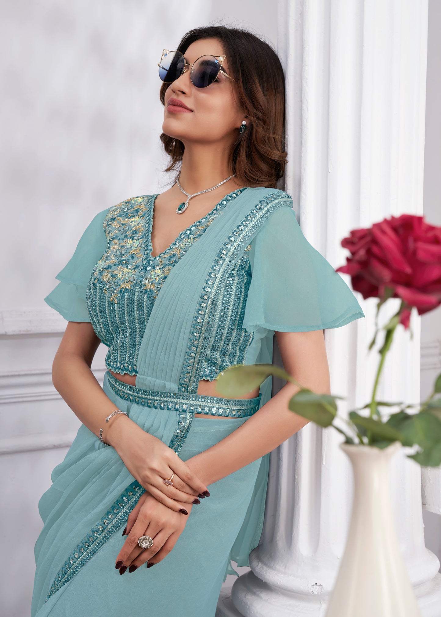 Premium Shimmer Georgette Ready to Wear Saree & Stitched Blouse With Embroidery And Sequins Work Stitched Pallu Fancy Drape Sarees
