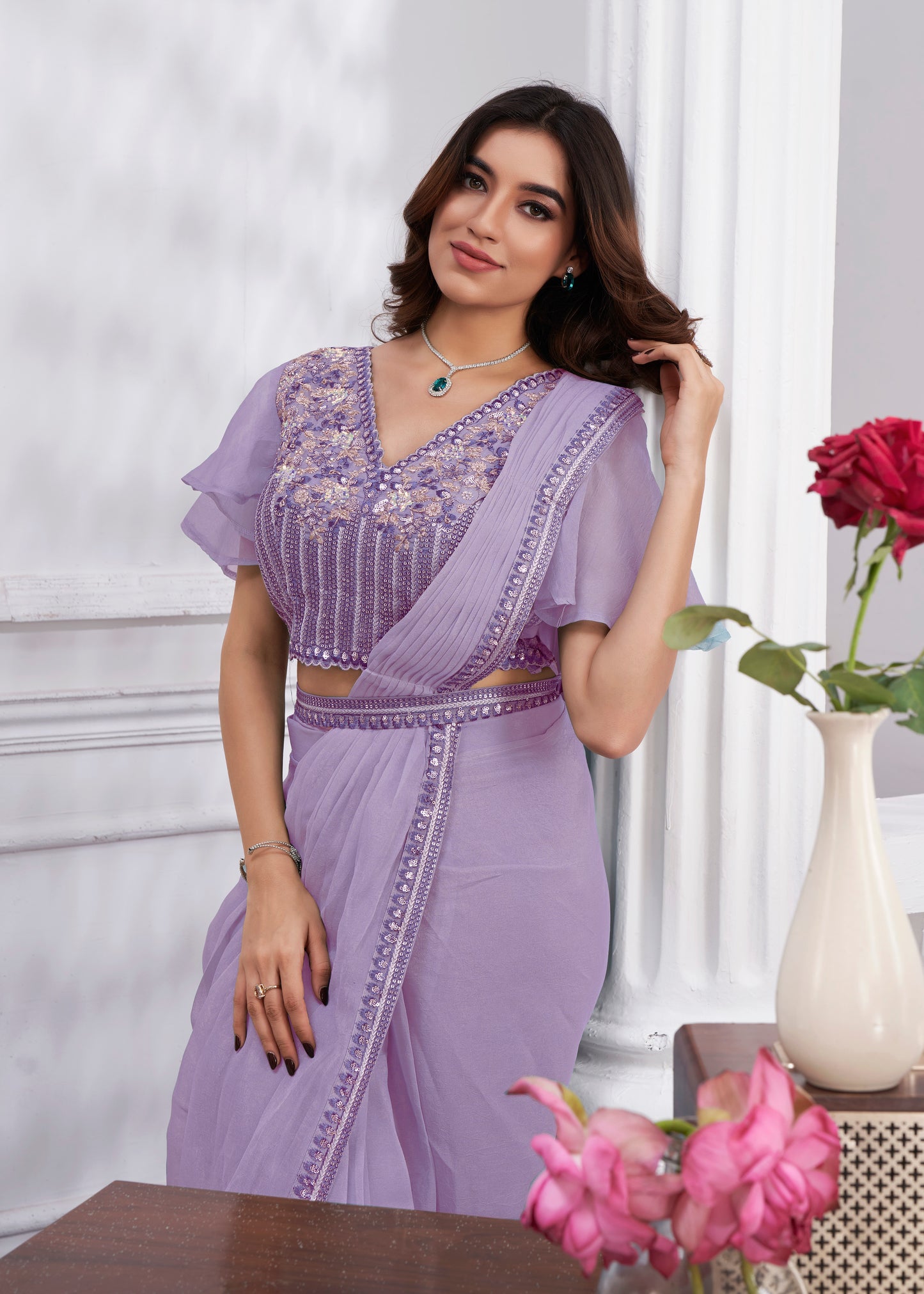 Premium Shimmer Georgette Ready to Wear Saree & Stitched Blouse With Embroidery And Sequins Work Stitched Pallu Fancy Drape Sarees