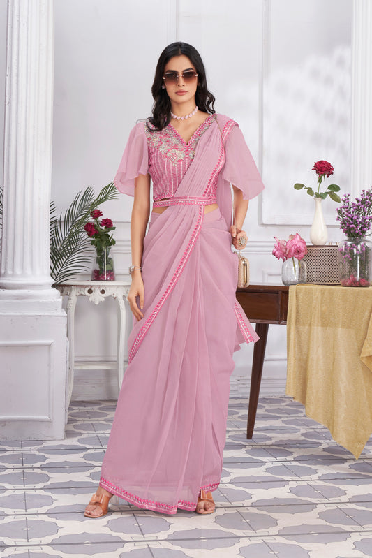 Premium Shimmer Georgette Ready to Wear Saree & Stitched Blouse With Embroidery And Sequins Work Stitched Pallu Fancy Drape Sarees