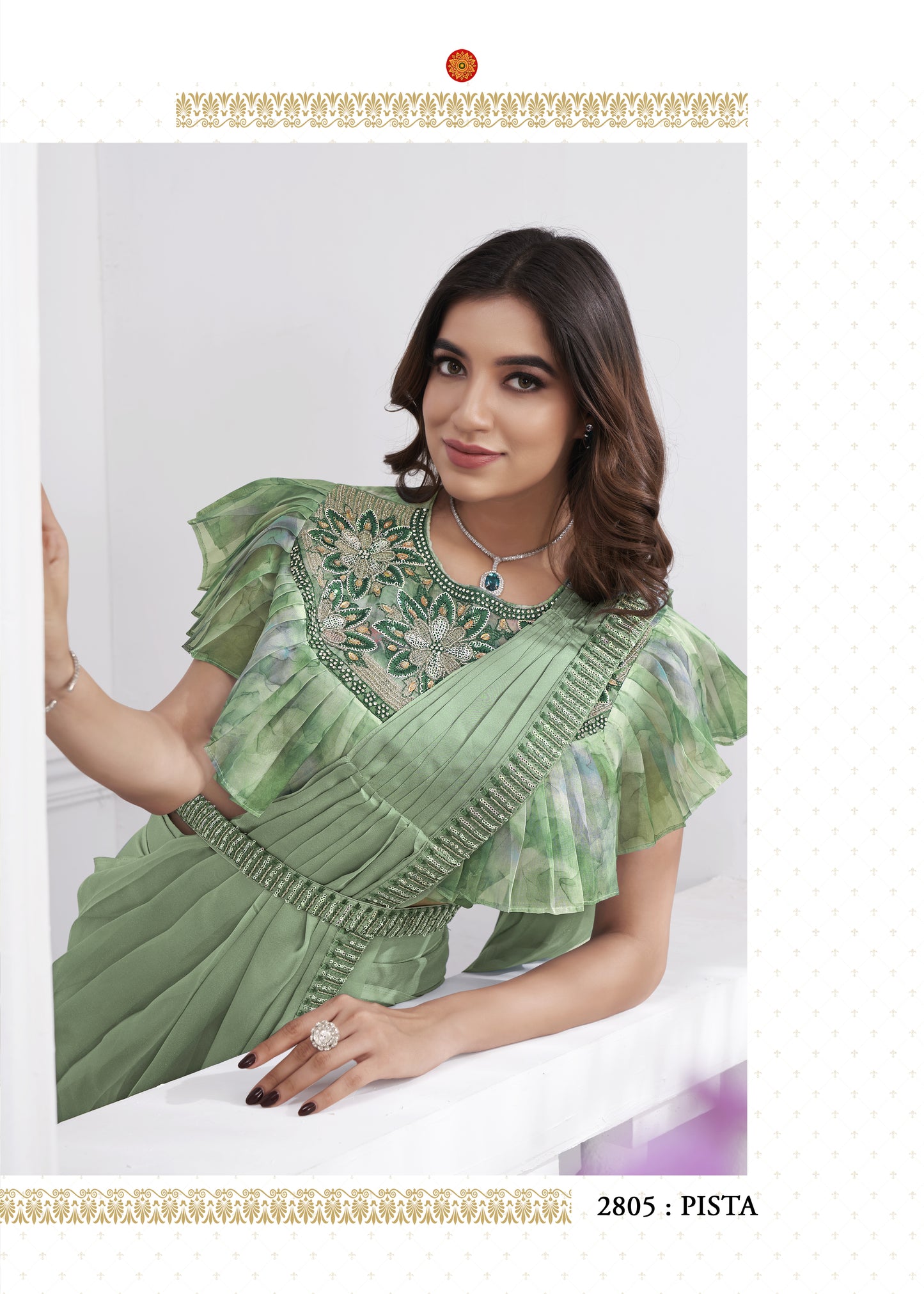 Premium Shimmer Georgette Ready to Wear Saree & Stitched Blouse With Embroidery And Sequins Work Stitched Pallu Fancy Drape Sarees