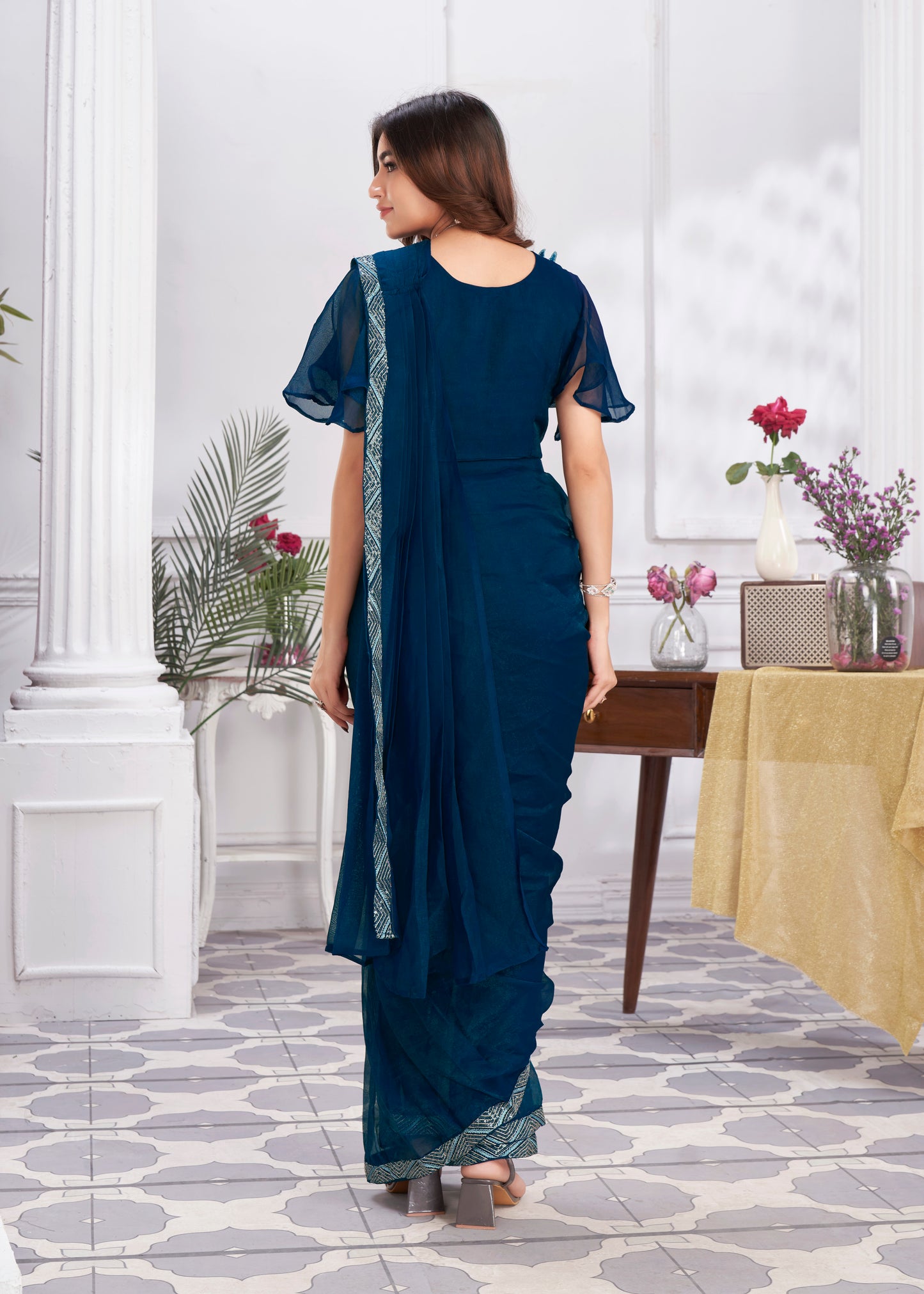 Premium Shimmer Georgette Ready to Wear Saree & Stitched Blouse With Embroidery And Sequins Work Stitched Pallu Fancy Drape Sarees