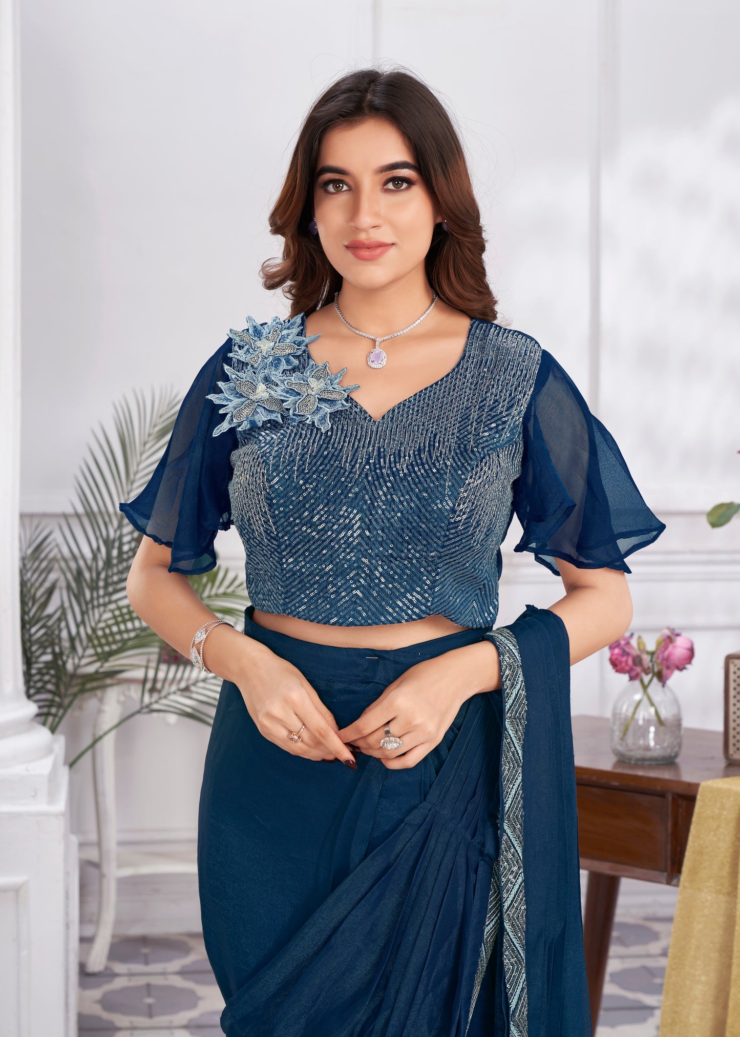 Premium Shimmer Georgette Ready to Wear Saree & Stitched Blouse With Embroidery And Sequins Work Stitched Pallu Fancy Drape Sarees