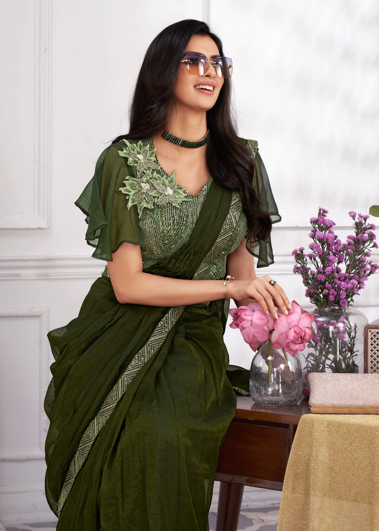 Premium Shimmer Georgette Ready to Wear Saree & Stitched Blouse With Embroidery And Sequins Work Stitched Pallu Fancy Drape Sarees