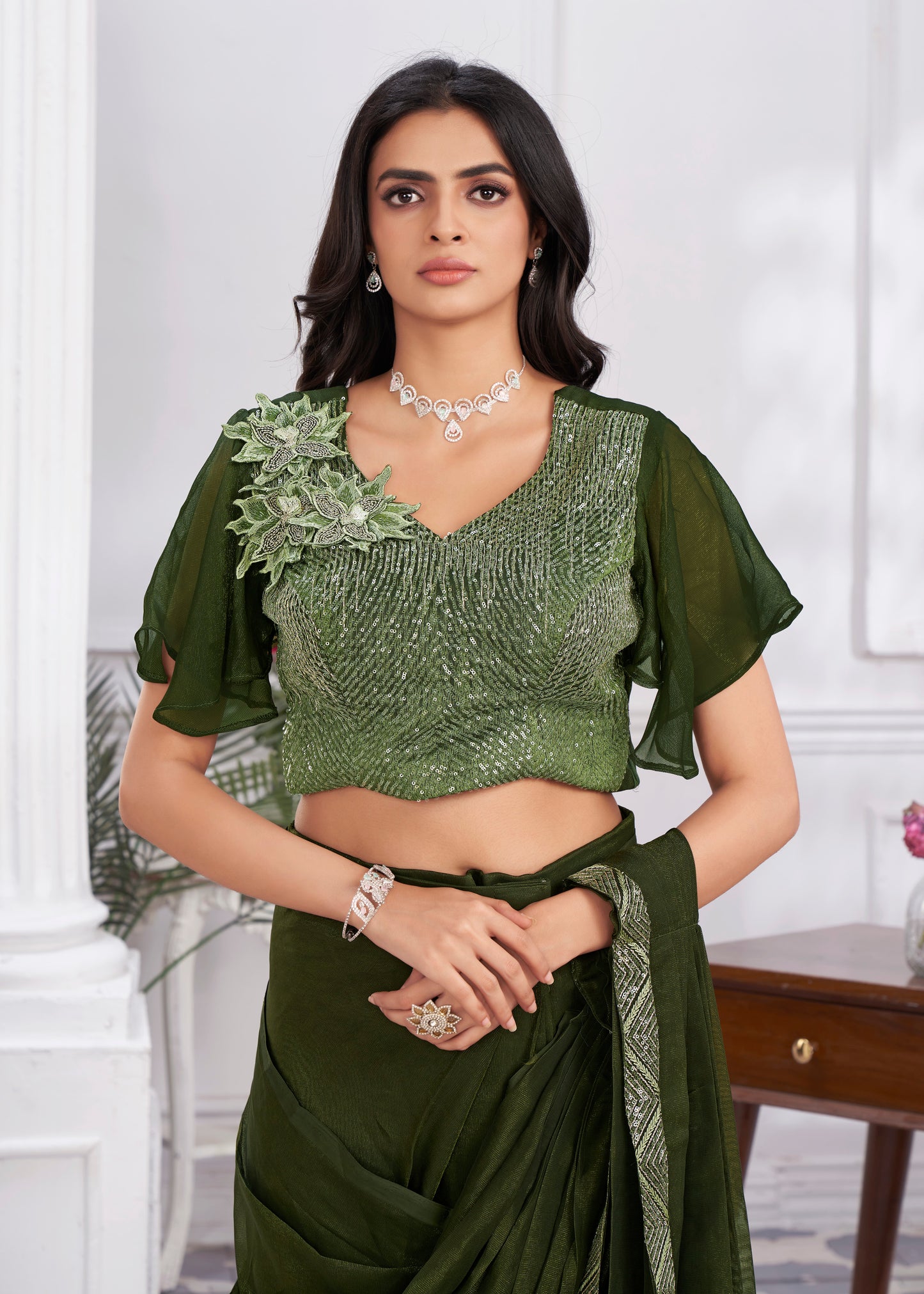 Premium Shimmer Georgette Ready to Wear Saree & Stitched Blouse With Embroidery And Sequins Work Stitched Pallu Fancy Drape Sarees