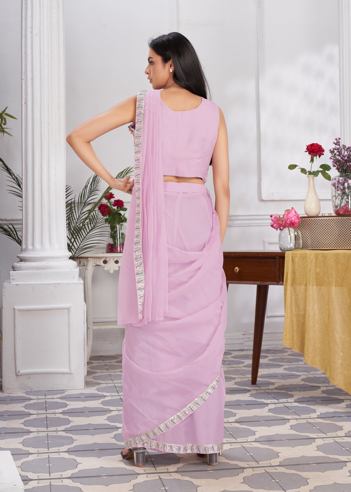 Premium Shimmer Georgette Ready to Wear Saree & Stitched Blouse With Embroidery And Sequins Work Stitched Pallu Fancy Drape Sarees