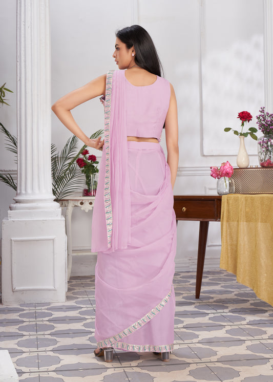 Premium Shimmer Georgette Ready to Wear Saree & Stitched Blouse With Embroidery And Sequins Work Stitched Pallu Fancy Drape Sarees
