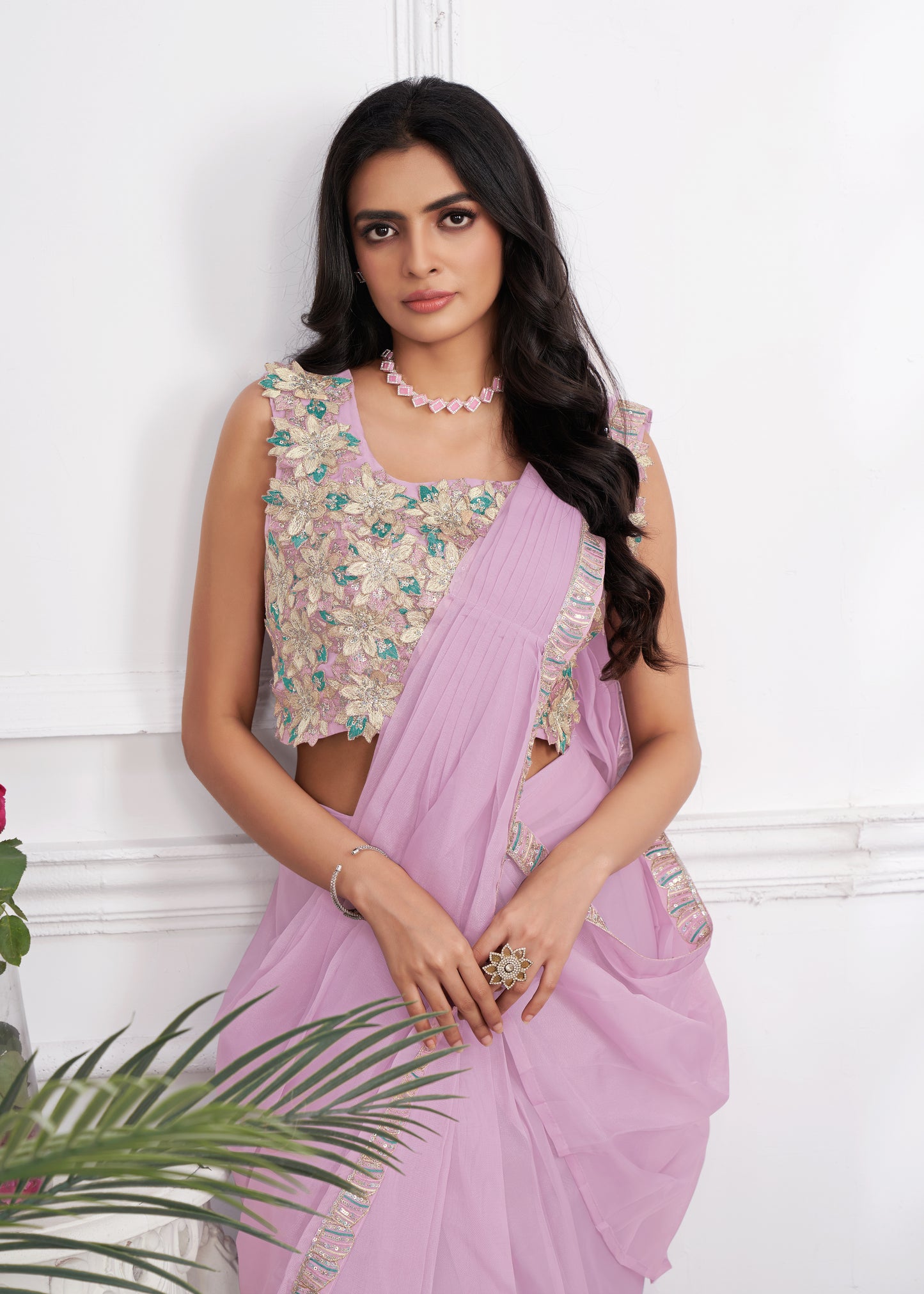 Premium Shimmer Georgette Ready to Wear Saree & Stitched Blouse With Embroidery And Sequins Work Stitched Pallu Fancy Drape Sarees