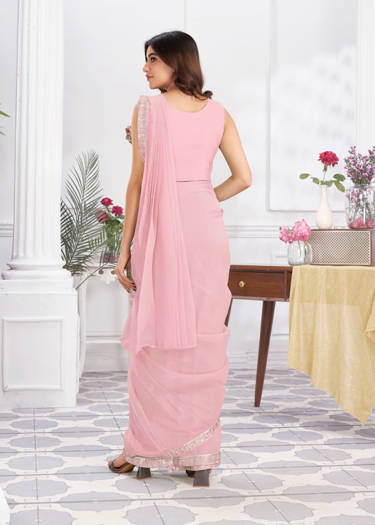 Premium Shimmer Georgette Ready to Wear Saree & Stitched Blouse With Embroidery And Sequins Work Stitched Pallu Fancy Drape Sarees