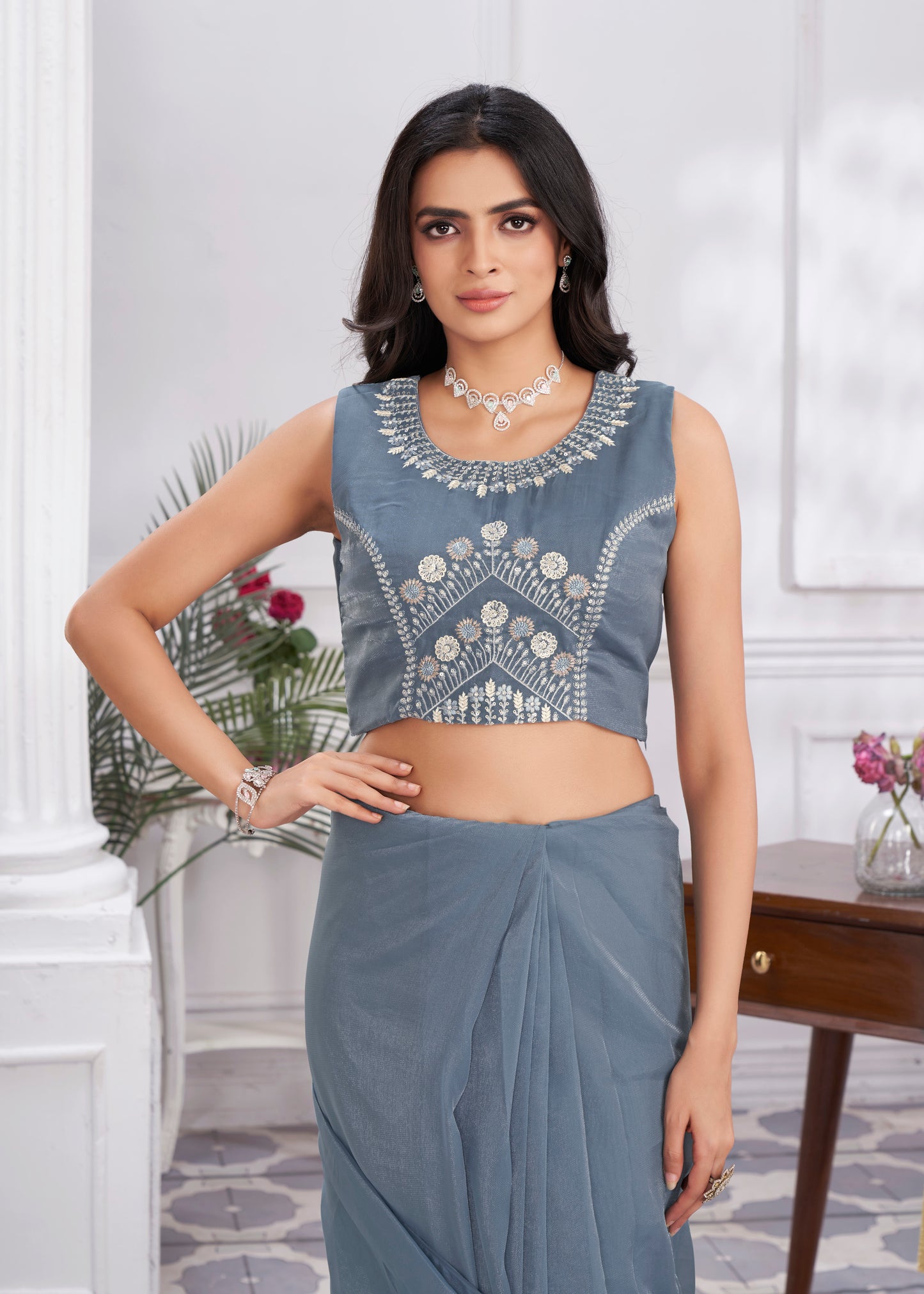 Premium Pure Organza Ready to Wear Saree & Stitched Blouse With Embroidery And Sequins Work Stitched Pallu Fancy Drape Sarees