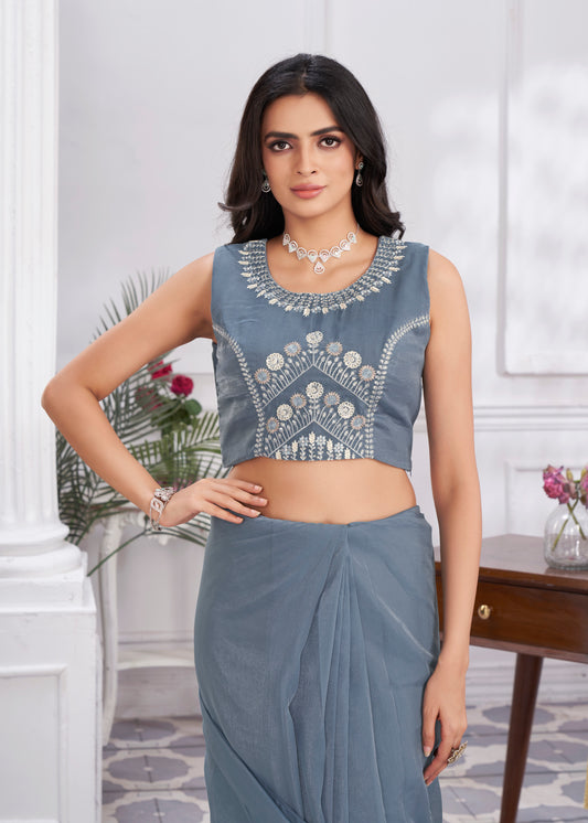 Premium Pure Organza Ready to Wear Saree & Stitched Blouse With Embroidery And Sequins Work Stitched Pallu Fancy Drape Sarees
