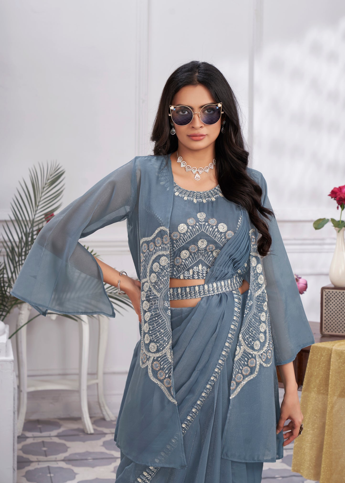 Premium Pure Organza Ready to Wear Saree & Stitched Blouse With Embroidery And Sequins Work Stitched Pallu Fancy Drape Sarees
