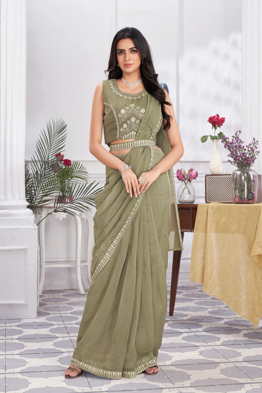 Premium Pure Organza Ready to Wear Saree & Stitched Blouse With Embroidery And Sequins Work Stitched Pallu Fancy Drape Sarees