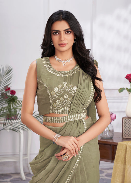 Premium Pure Organza Ready to Wear Saree & Stitched Blouse With Embroidery And Sequins Work Stitched Pallu Fancy Drape Sarees