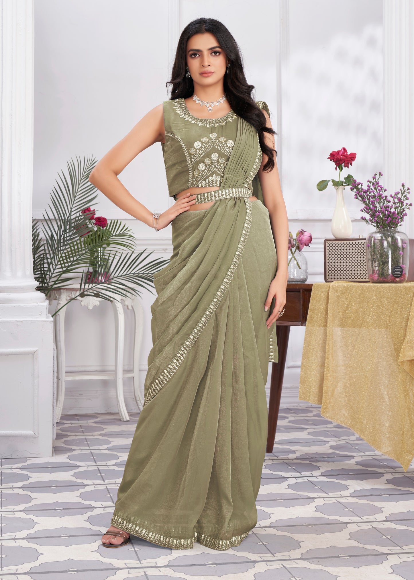 Premium Pure Organza Ready to Wear Saree & Stitched Blouse With Embroidery And Sequins Work Stitched Pallu Fancy Drape Sarees