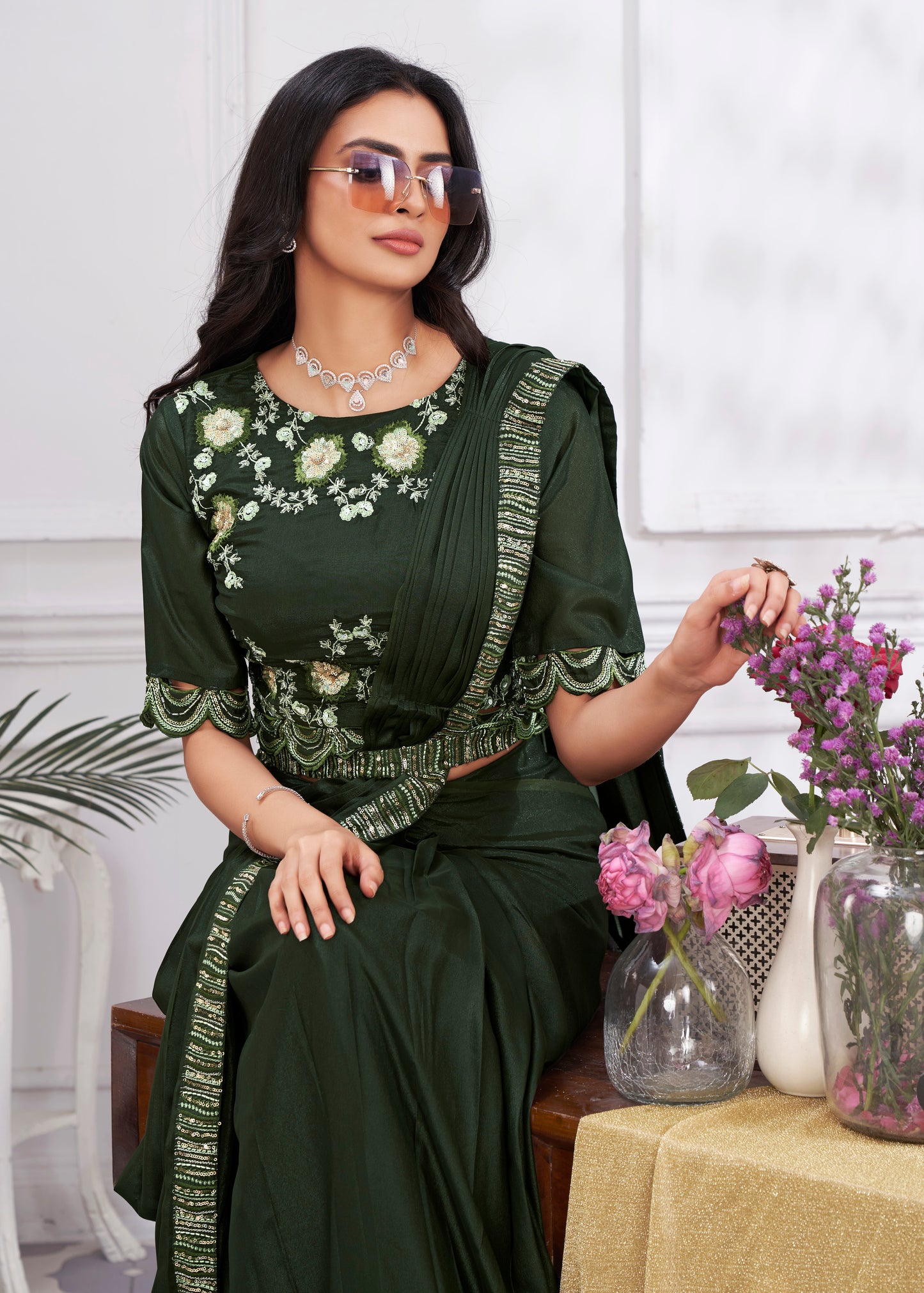 Premium Shimmer Georgette Ready to Wear Saree & Stitched Blouse With Embroidery And Sequins Work Stitched Pallu Fancy Drape Sarees