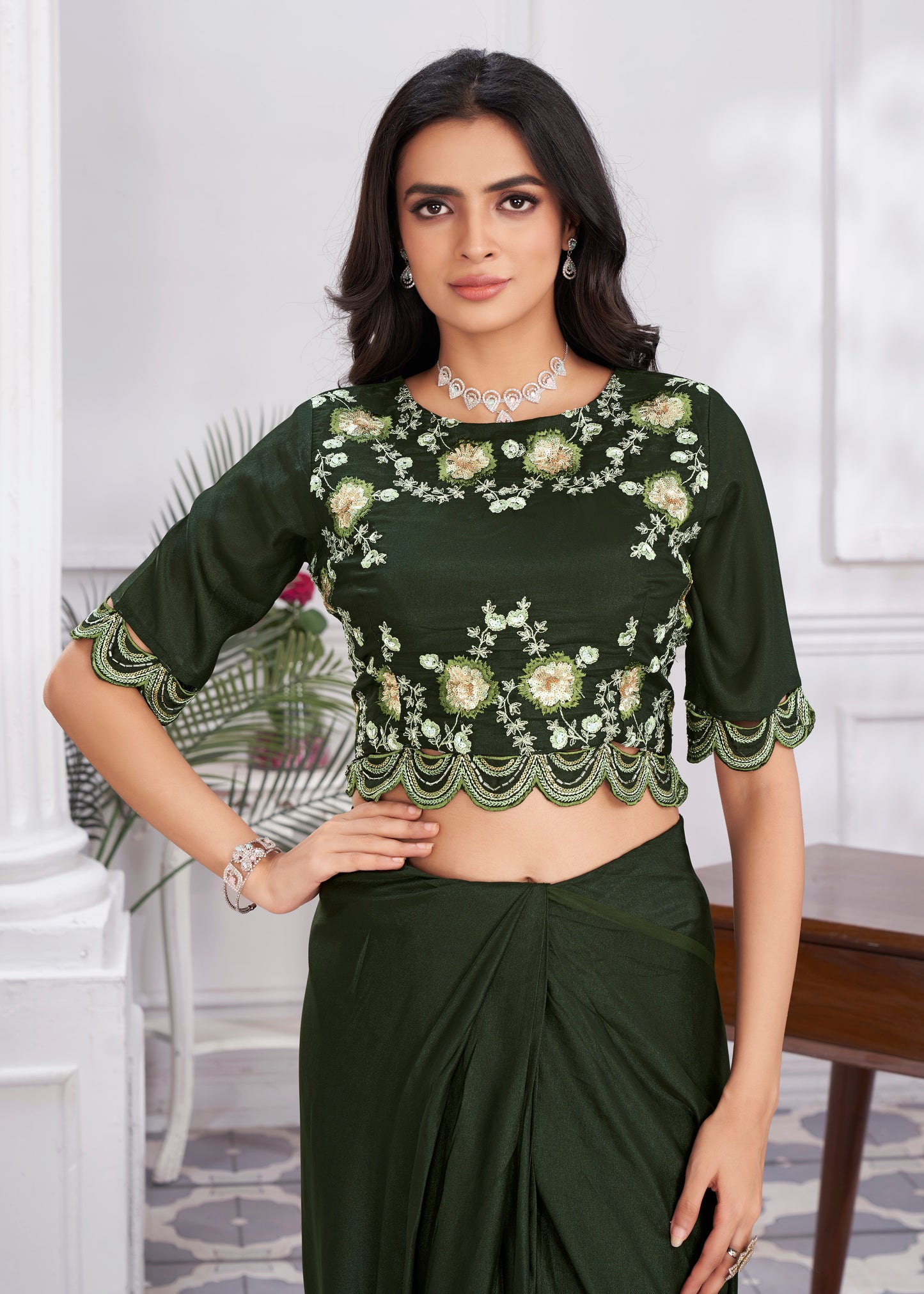 Premium Shimmer Georgette Ready to Wear Saree & Stitched Blouse With Embroidery And Sequins Work Stitched Pallu Fancy Drape Sarees