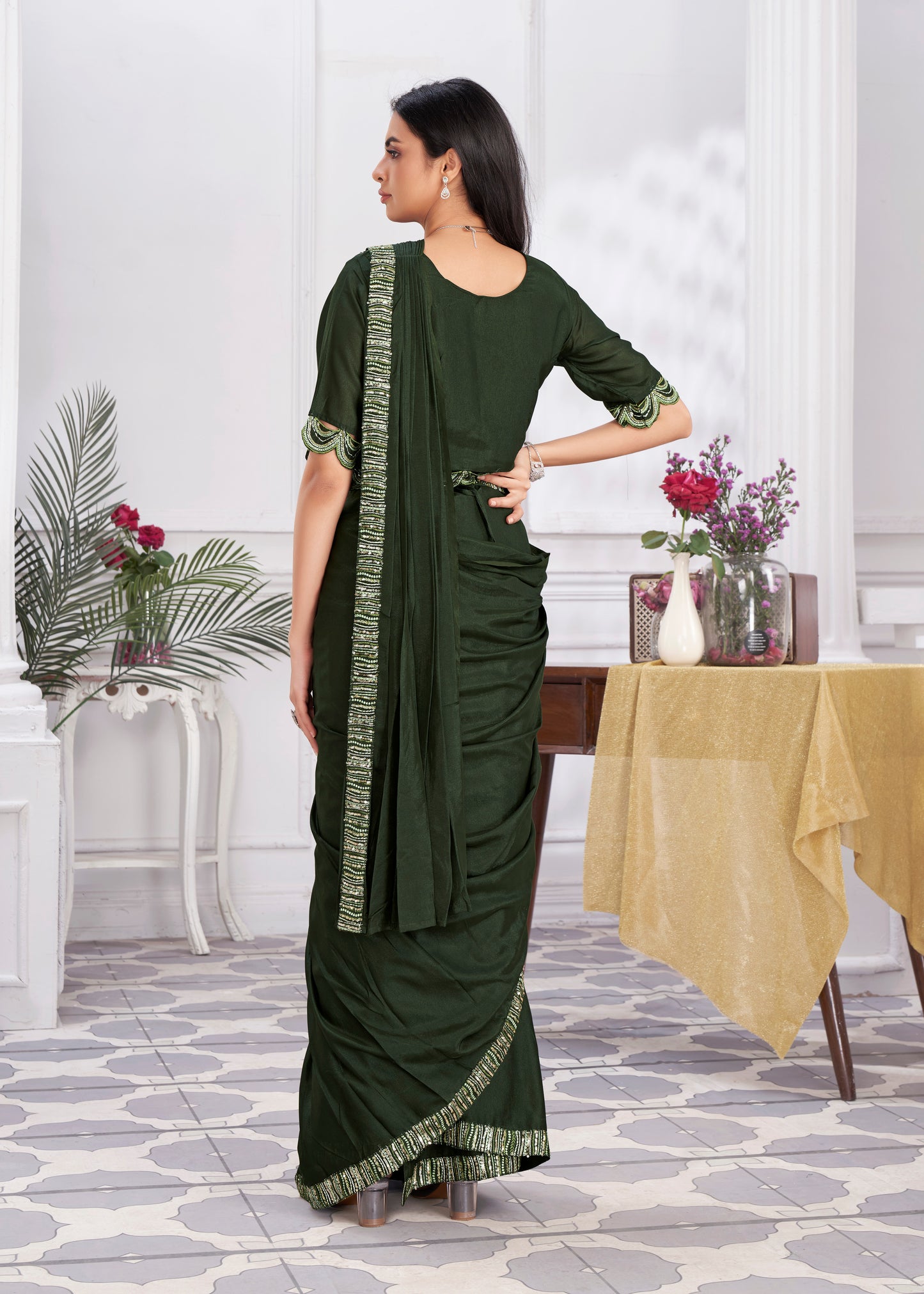Premium Shimmer Georgette Ready to Wear Saree & Stitched Blouse With Embroidery And Sequins Work Stitched Pallu Fancy Drape Sarees