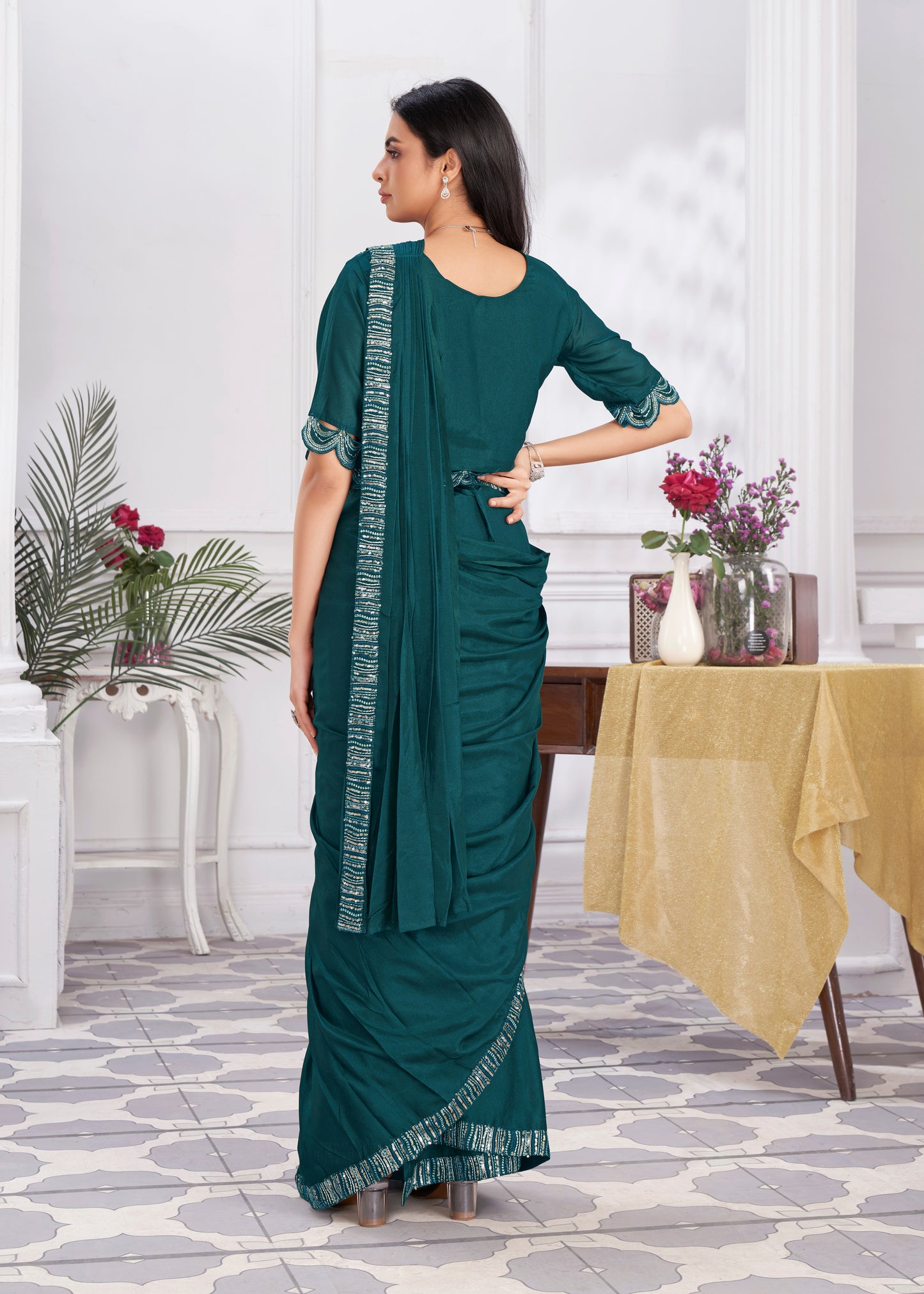 Premium Shimmer Georgette Ready to Wear Saree & Stitched Blouse With Embroidery And Sequins Work Stitched Pallu Fancy Drape Sarees