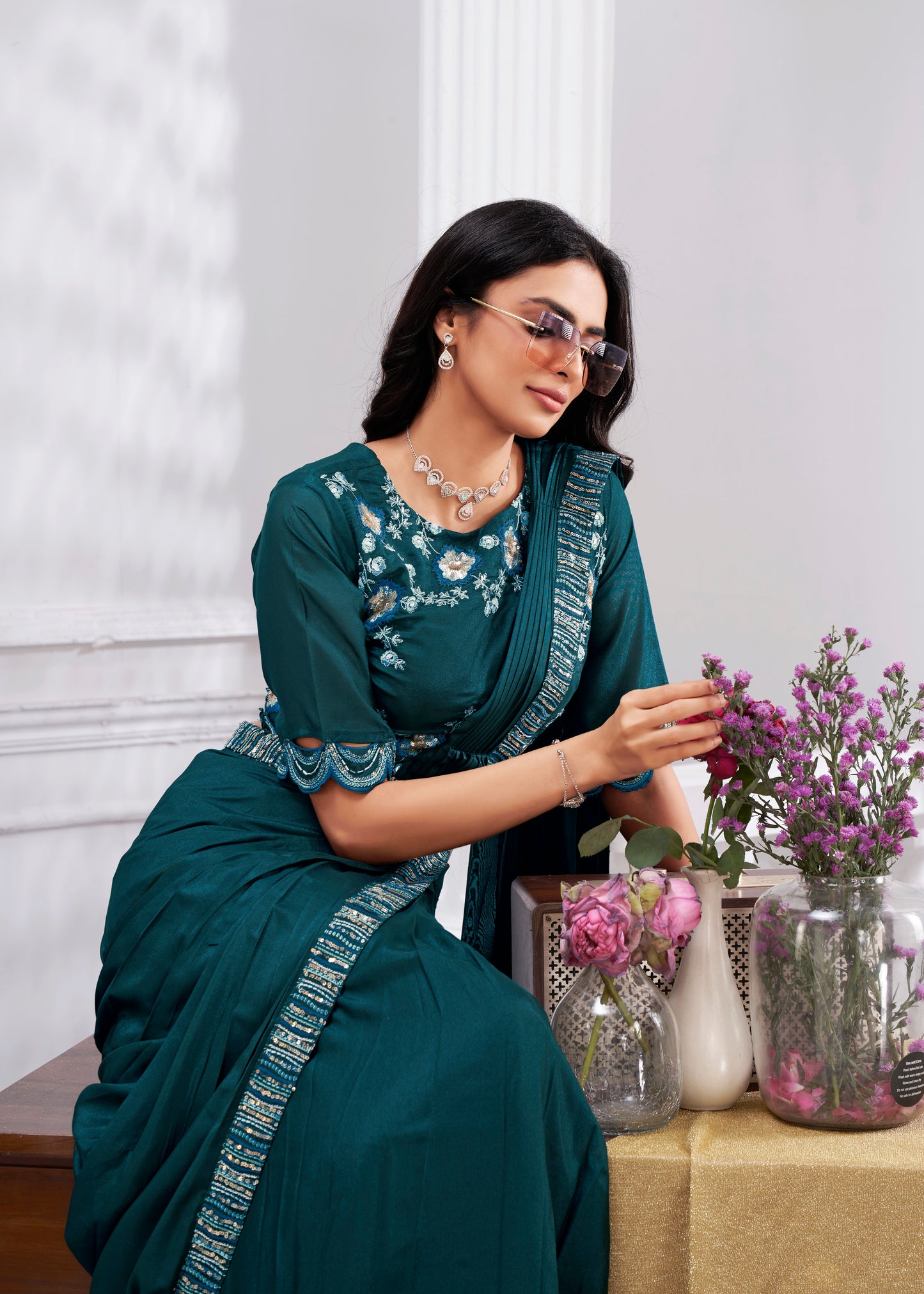 Premium Shimmer Georgette Ready to Wear Saree & Stitched Blouse With Embroidery And Sequins Work Stitched Pallu Fancy Drape Sarees
