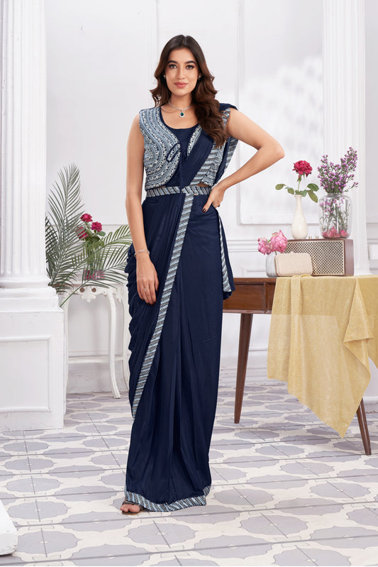 Premium Shimmer Georgette Ready to Wear Saree & Stitched Blouse With Embroidery And Sequins Work Stitched Pallu Fancy Drape Sarees