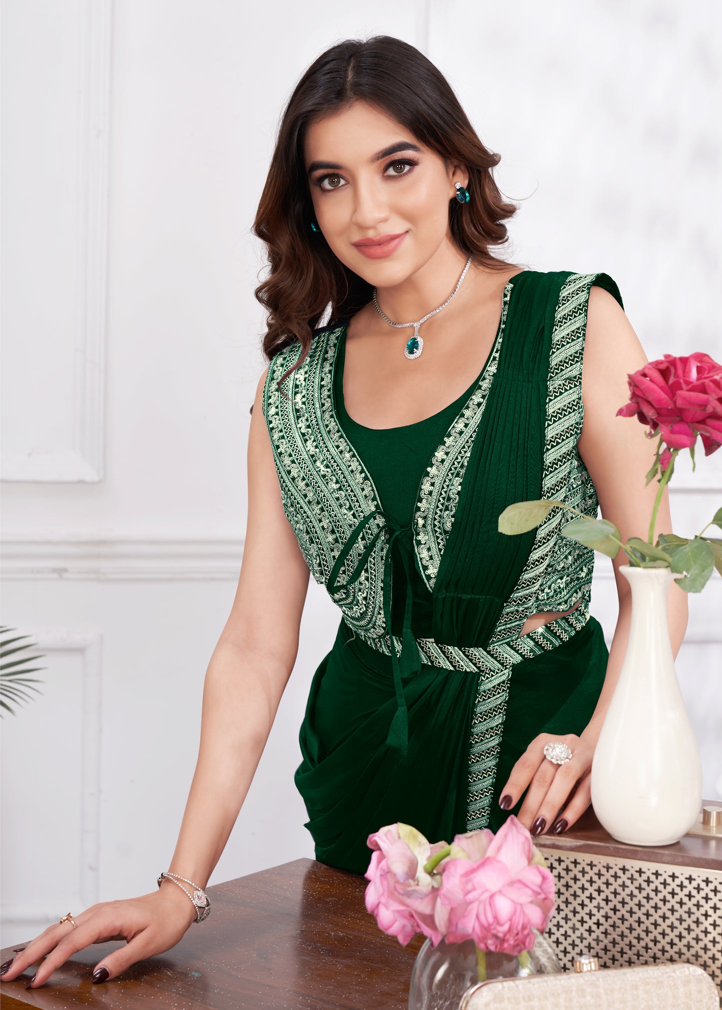 Premium Shimmer Georgette Ready to Wear Saree & Stitched Blouse With Embroidery And Sequins Work Stitched Pallu Fancy Drape Sarees