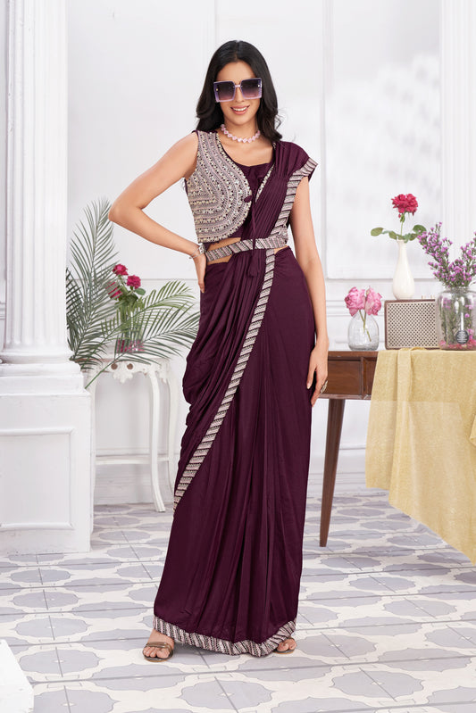 Premium Shimmer Georgette Ready to Wear Saree & Stitched Blouse With Embroidery And Sequins Work Stitched Pallu Fancy Drape Sarees