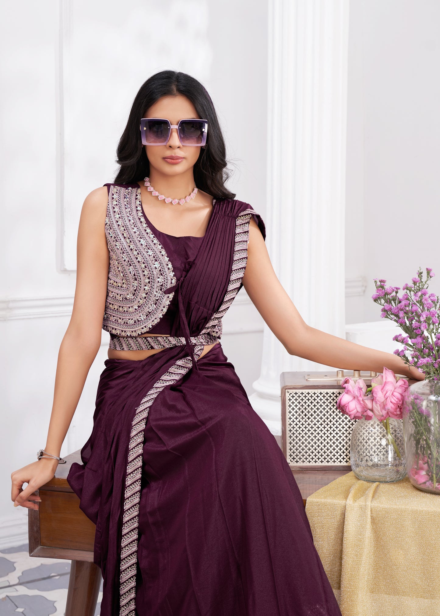 Premium Shimmer Georgette Ready to Wear Saree & Stitched Blouse With Embroidery And Sequins Work Stitched Pallu Fancy Drape Sarees