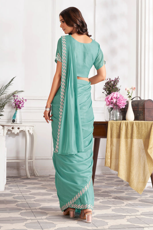 Premium Satin Silk Ready to Wear Saree & Stitched Blouse With Embroidery And Sequins Work Stitched Pallu Fancy Drape Sarees