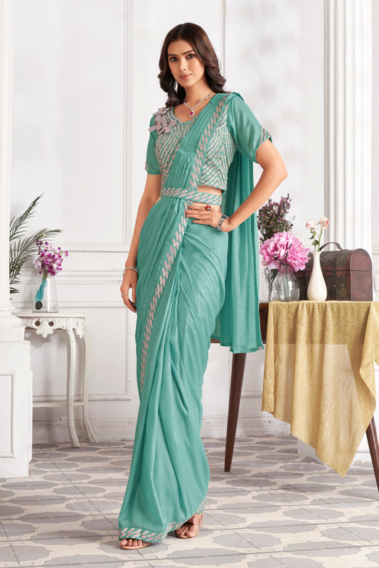 Premium Satin Silk Ready to Wear Saree & Stitched Blouse With Embroidery And Sequins Work Stitched Pallu Fancy Drape Sarees