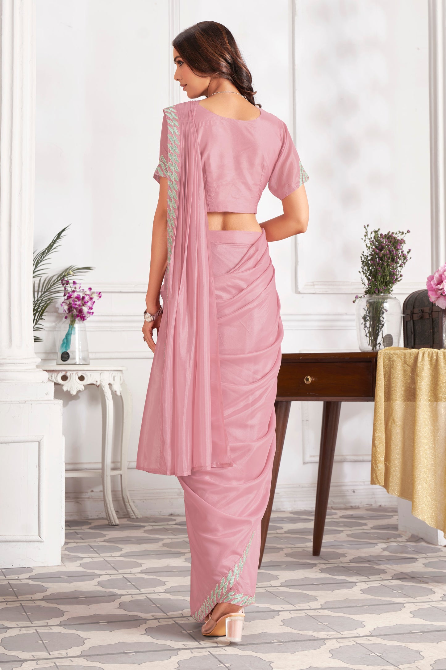 Premium Satin Silk Ready to Wear Saree & Stitched Blouse With Embroidery And Sequins Work Stitched Pallu Fancy Drape Sarees