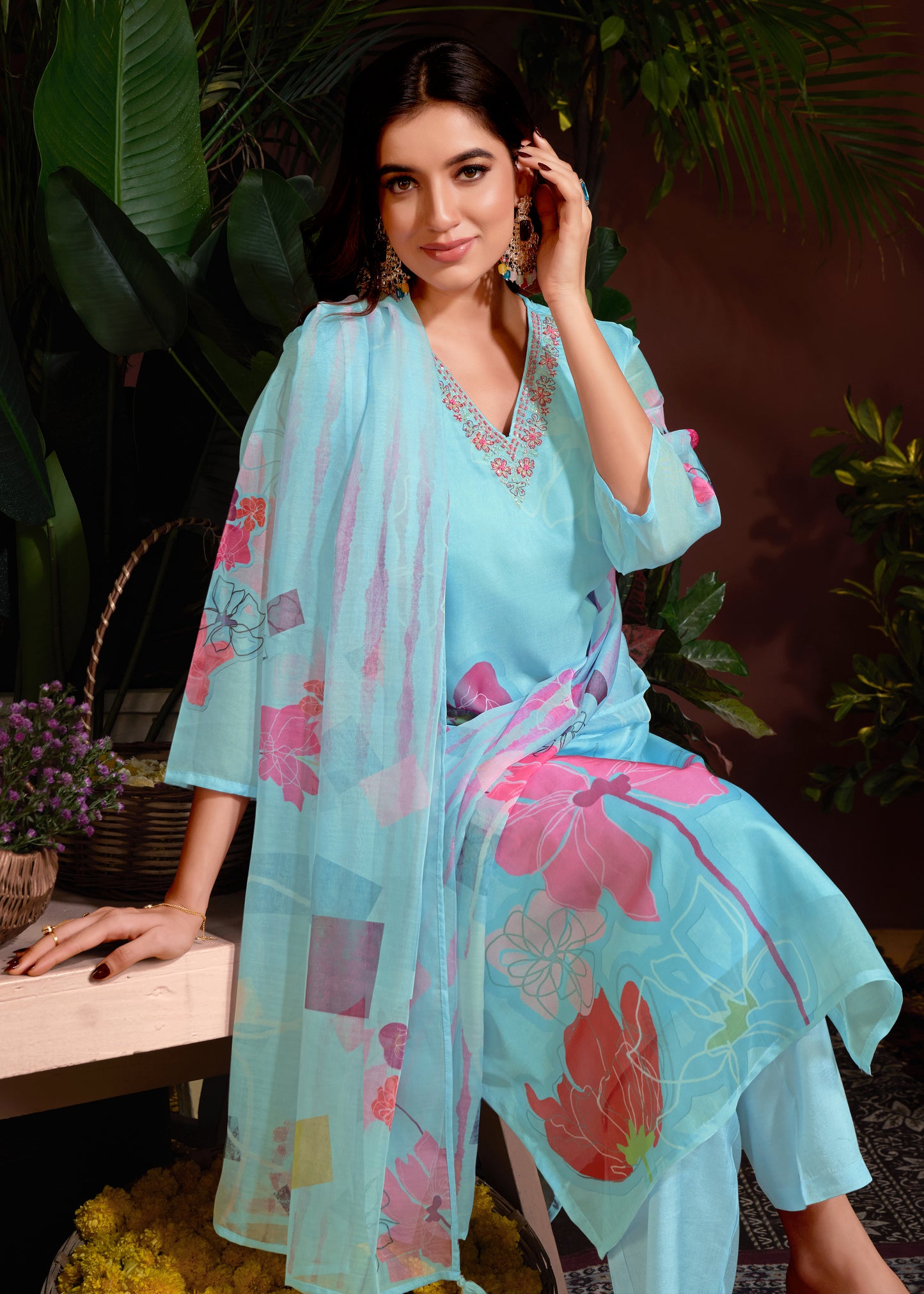 Premium Organza with Digital Print Pure Muslin Inner Santoon Bottom Fabric Oraganza Dupatta V Neck With Hand Work & Sequence Salwar Kameez Dupatta 3 Pcs Set