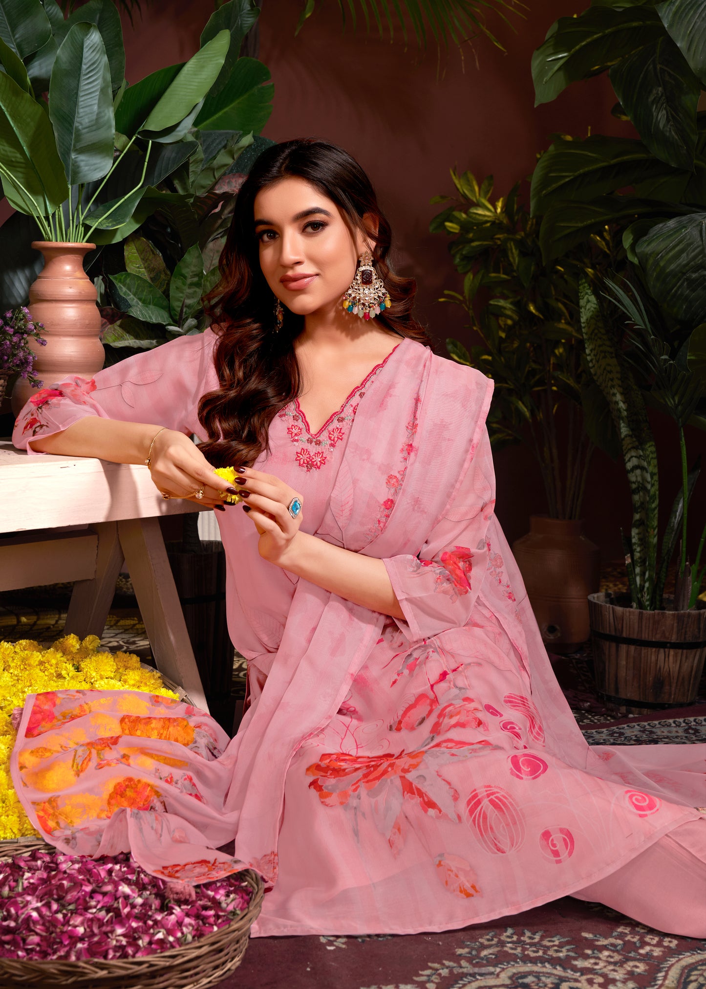 Premium Organza with Digital Print Pure Muslin Inner Santoon Bottom Fabric Oraganza Dupatta V Neck With Hand Work & Sequence Salwar Kameez Dupatta 3 Pcs Set