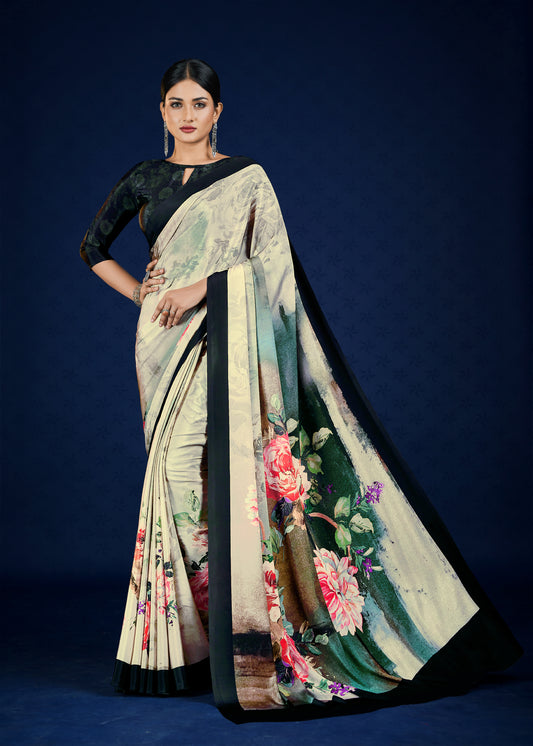 Premium Soft Silky Natural Crepe Digital Printed Sari - jivora