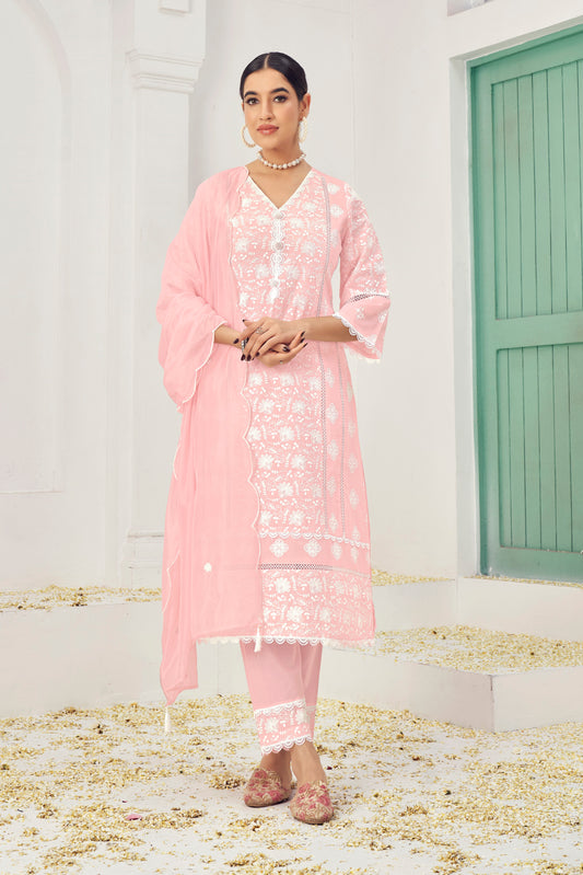 Premium Pure Cotton Top Bottom Fabric Poly  Chanderi Dupatta Lakhanvi Style Boring Embroidery Work Salwar Kameez Dupatta 3 Pcs Set