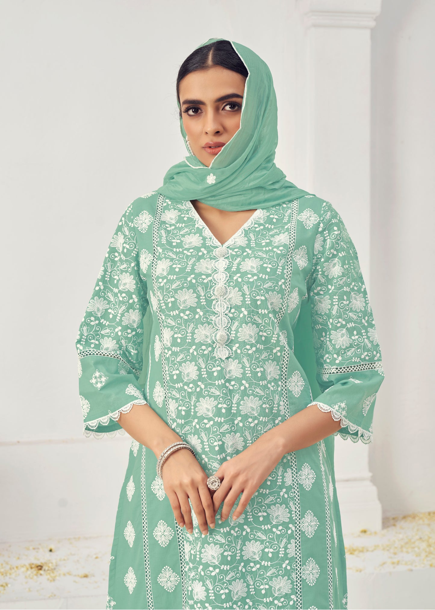 Premium Pure Cotton Top Bottom Fabric Poly Chanderi Dupatta Lakhanvi Style Boring Embroidery Work Salwar Kameez Dupatta 3 Pcs Set