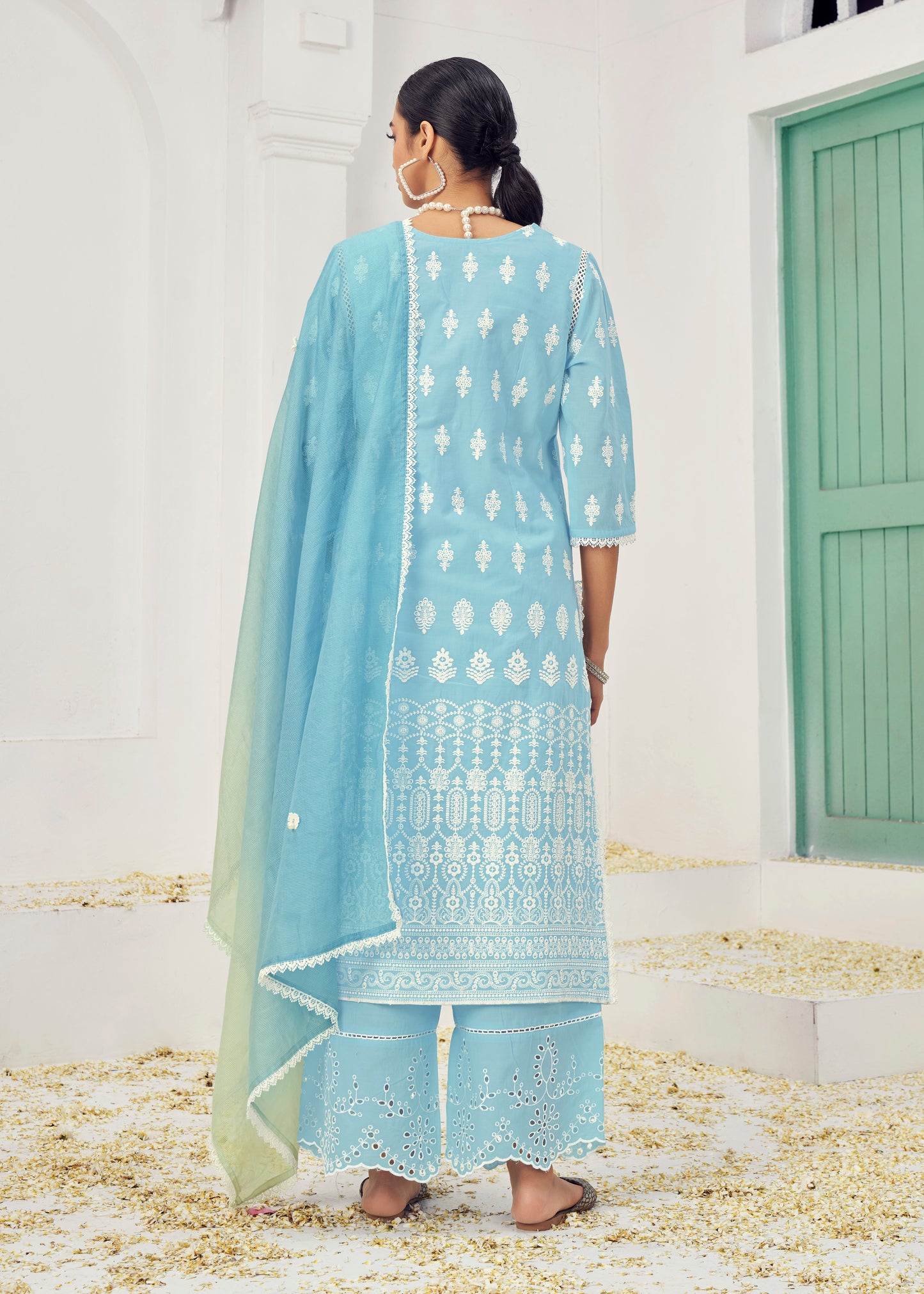 Premium Pure Cotton Top Bottom Fabric Poly Chanderi Dupatta Lakhanvi Style Boring Embroidery Work Salwar Kameez Dupatta 3 Pcs Set