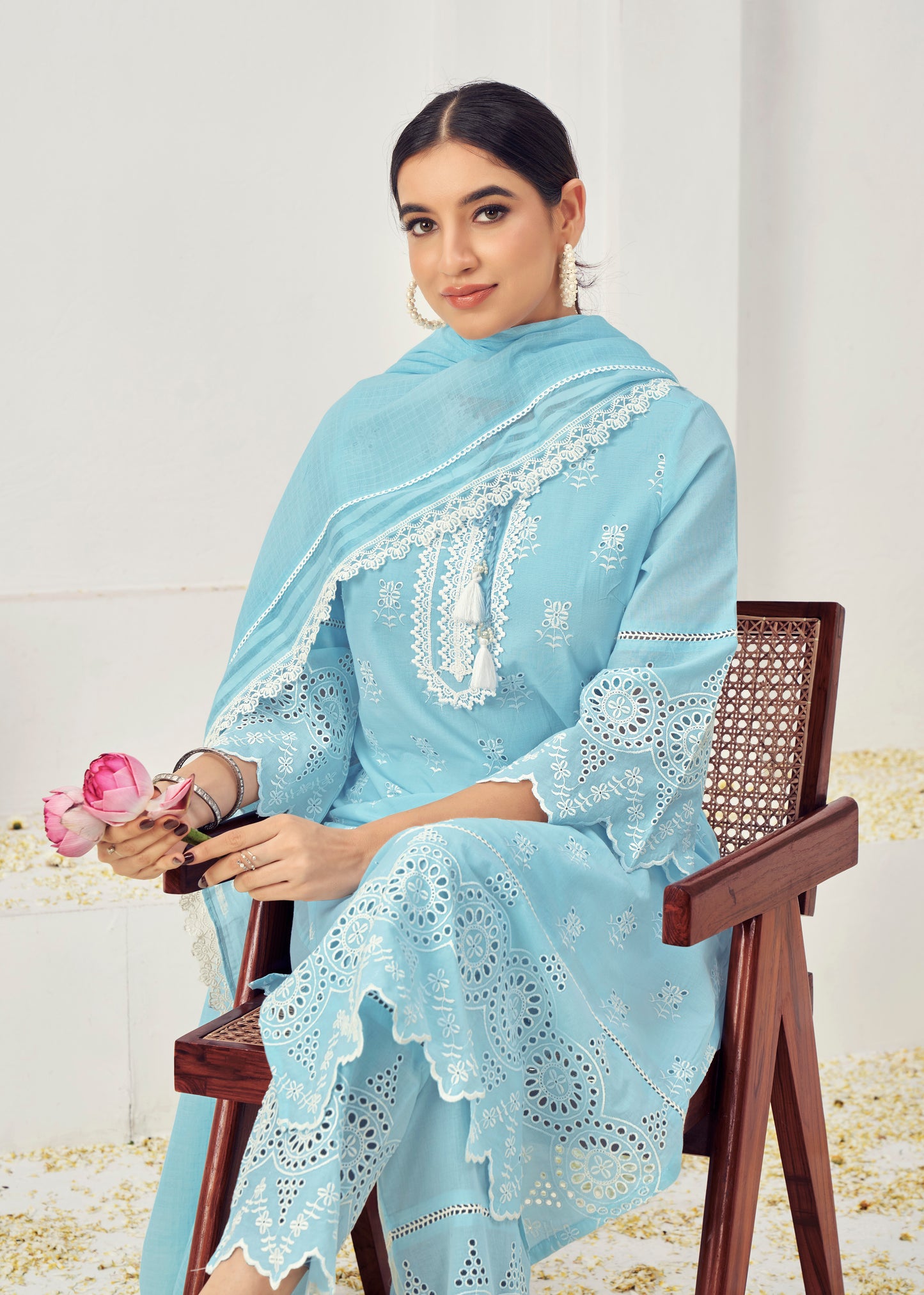 Premium Pure Cotton Top Bottom Fabric Poly Chanderi Dupatta Lakhanvi Style Boring Embroidery Work Salwar Kameez Dupatta 3 Pcs Set