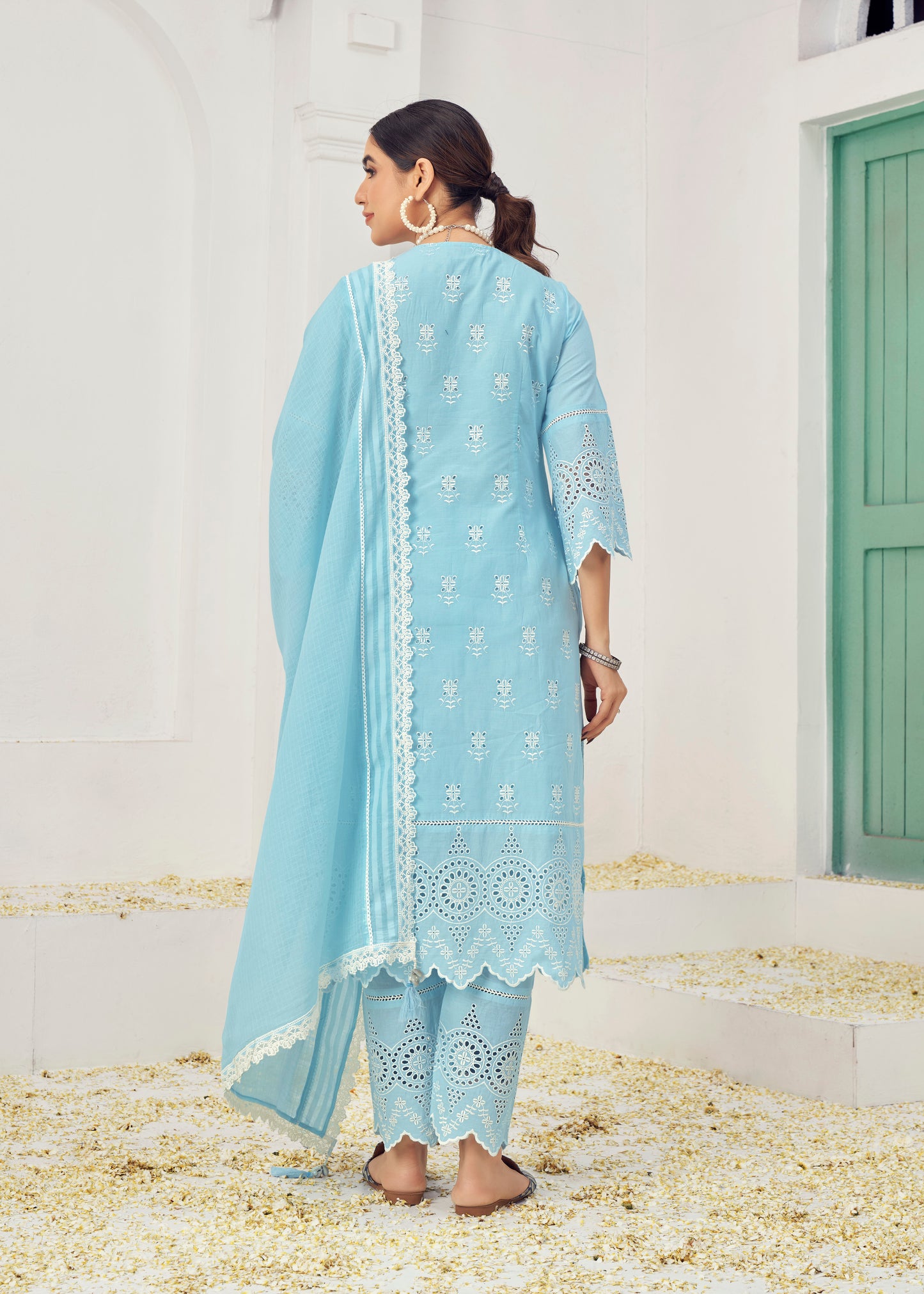 Premium Pure Cotton Top Bottom Fabric Poly Chanderi Dupatta Lakhanvi Style Boring Embroidery Work Salwar Kameez Dupatta 3 Pcs Set