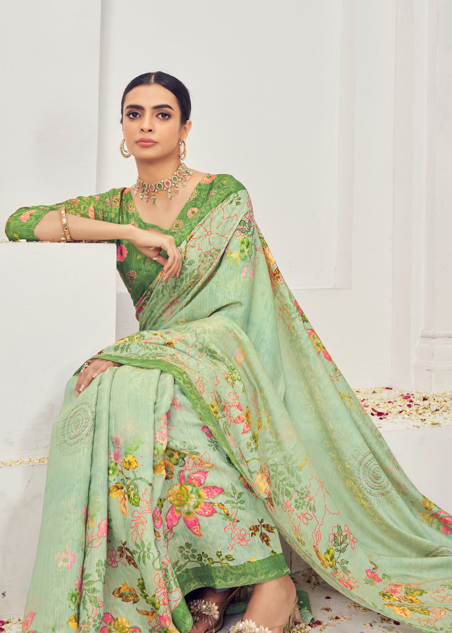 Premium Natural Silk Viscose With Pure Jacquard Zari Woven In the fabric Digital Printed Work Saree
