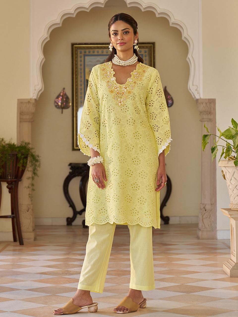Chic cotton Chikankari Cutwork Cordinating set In Soothing Colors