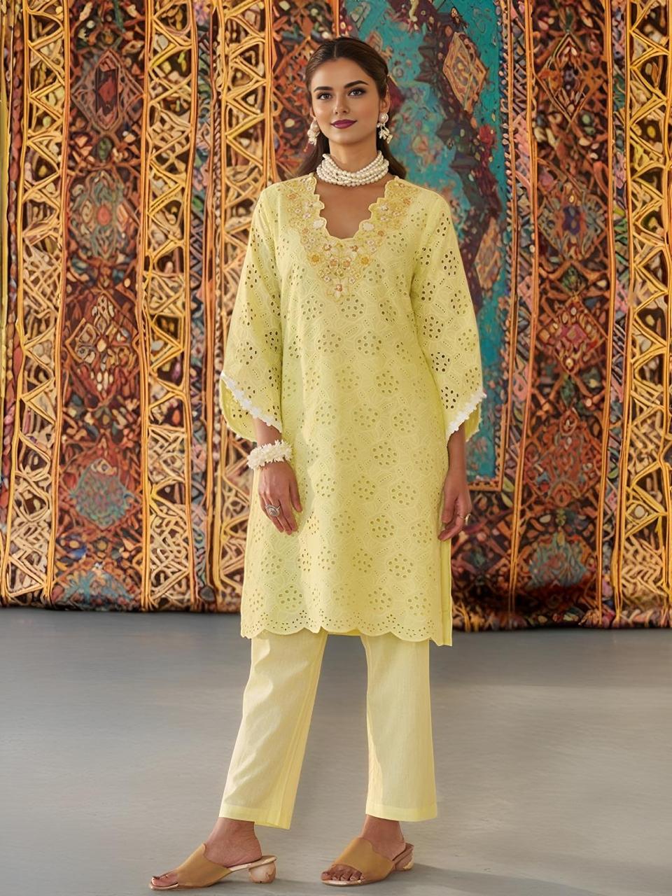 Chic cotton Chikankari Cutwork Cordinating set In Soothing Colors