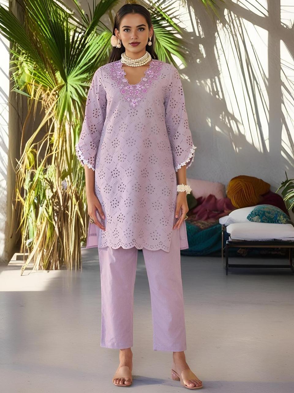 Chic cotton Chikankari Cutwork Cordinating set In Soothing Colors