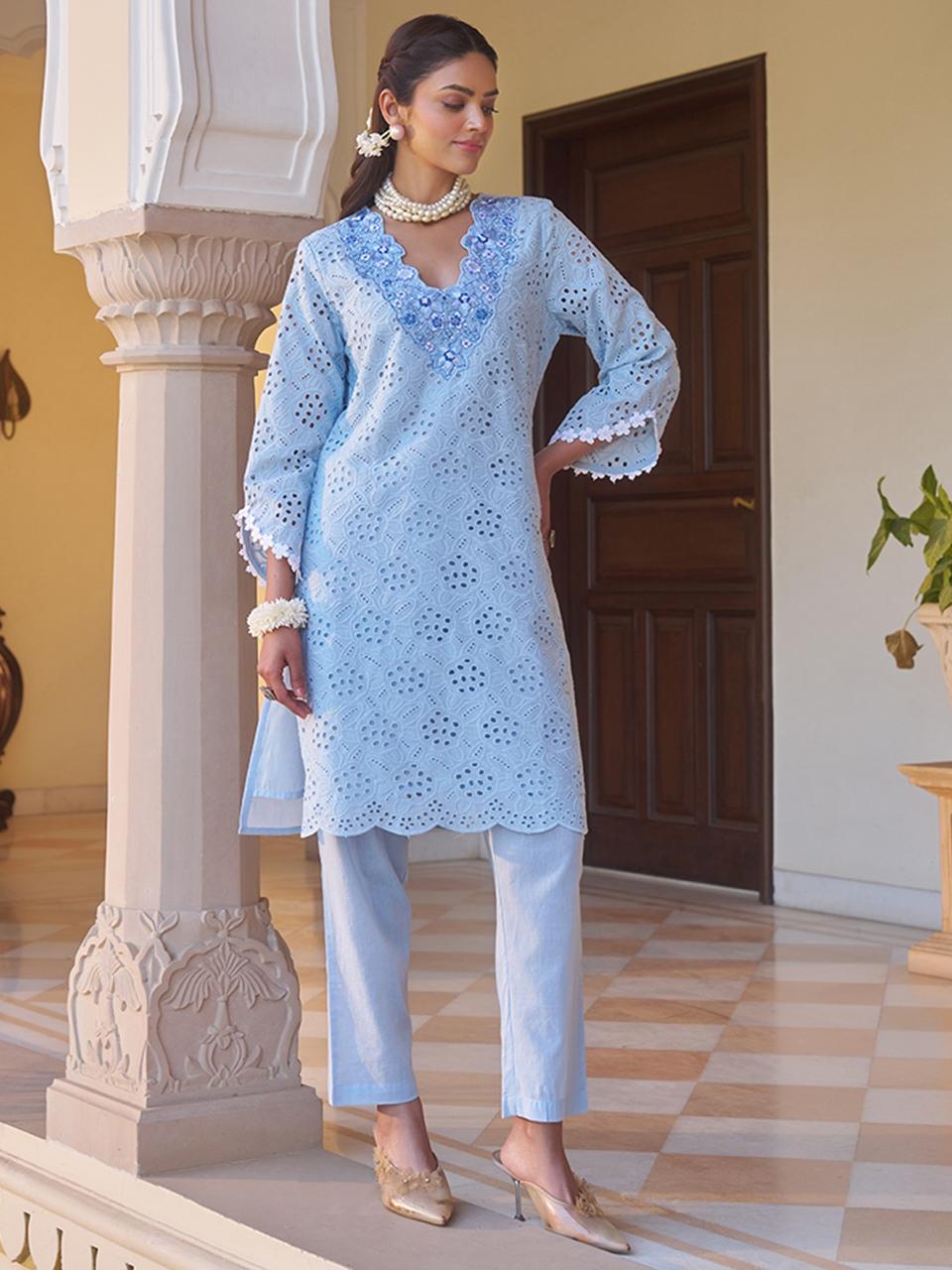 Chic cotton Chikankari Cutwork Cordinating set In Soothing Colors