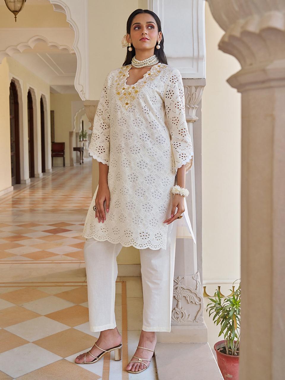 Chic cotton Chikankari Cutwork Cordinating set In Soothing Colors