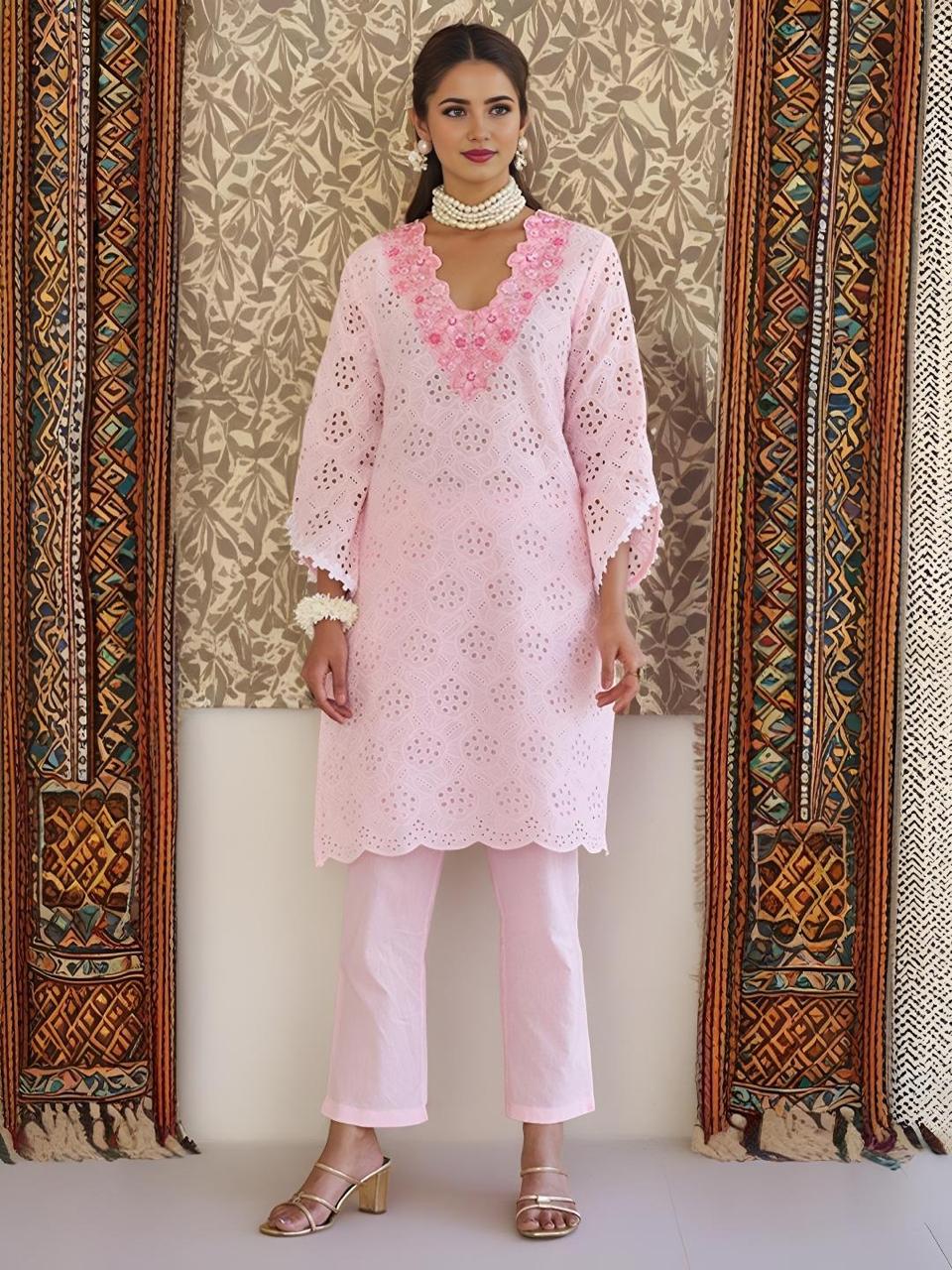 Chic cotton Chikankari Cutwork Cordinating set In Soothing Colors