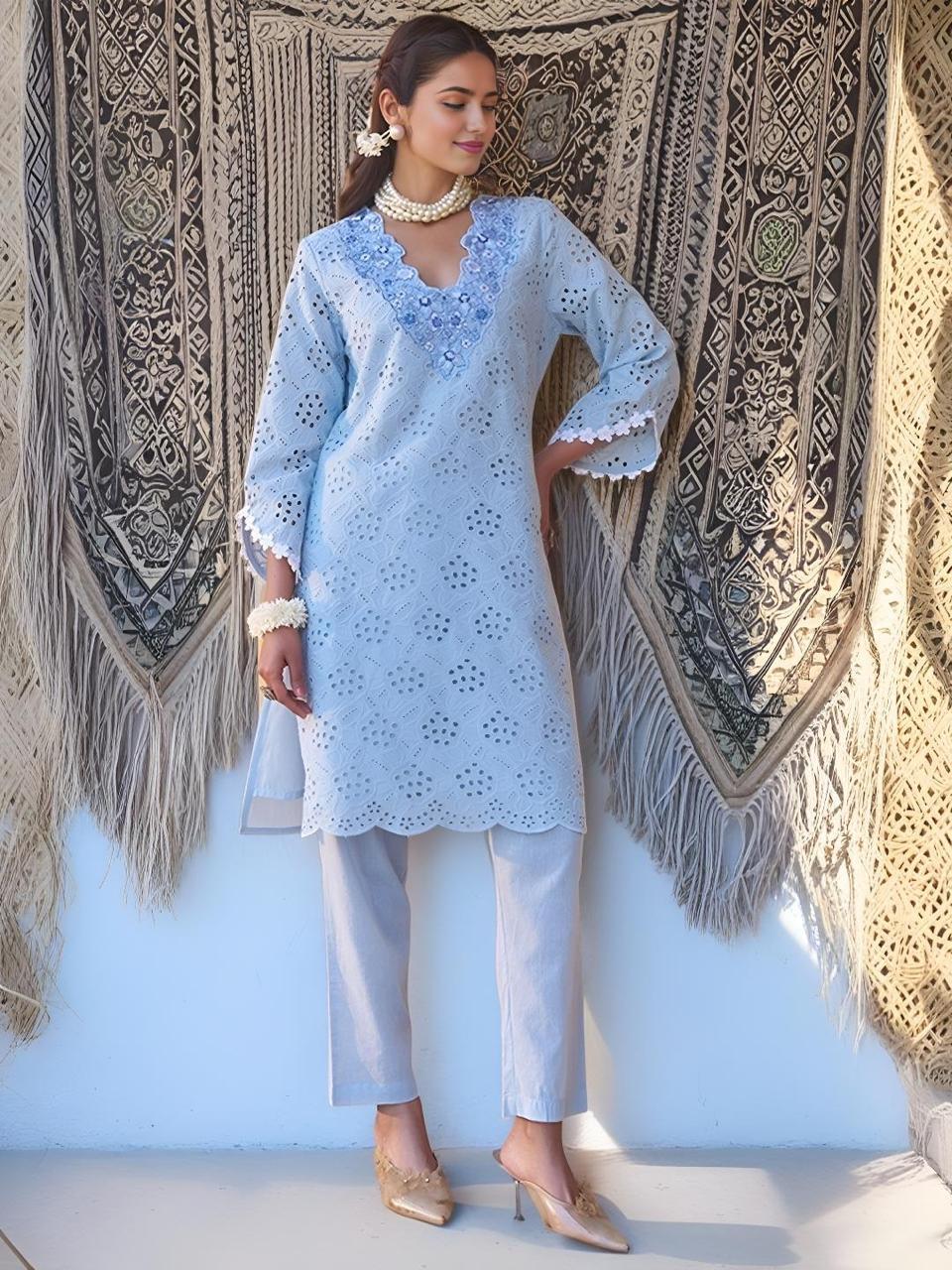 Chic cotton Chikankari Cutwork Cordinating set In Soothing Colors