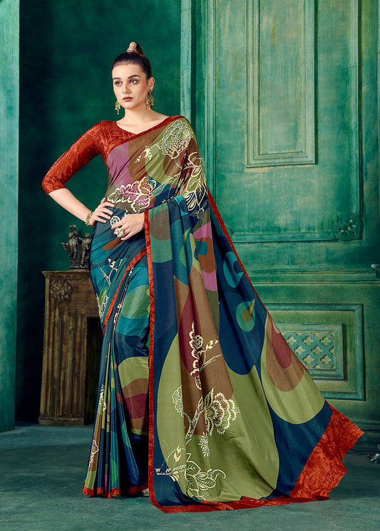 Premium Soft Silky Natural Crepe Digital Printed Sari - jivora