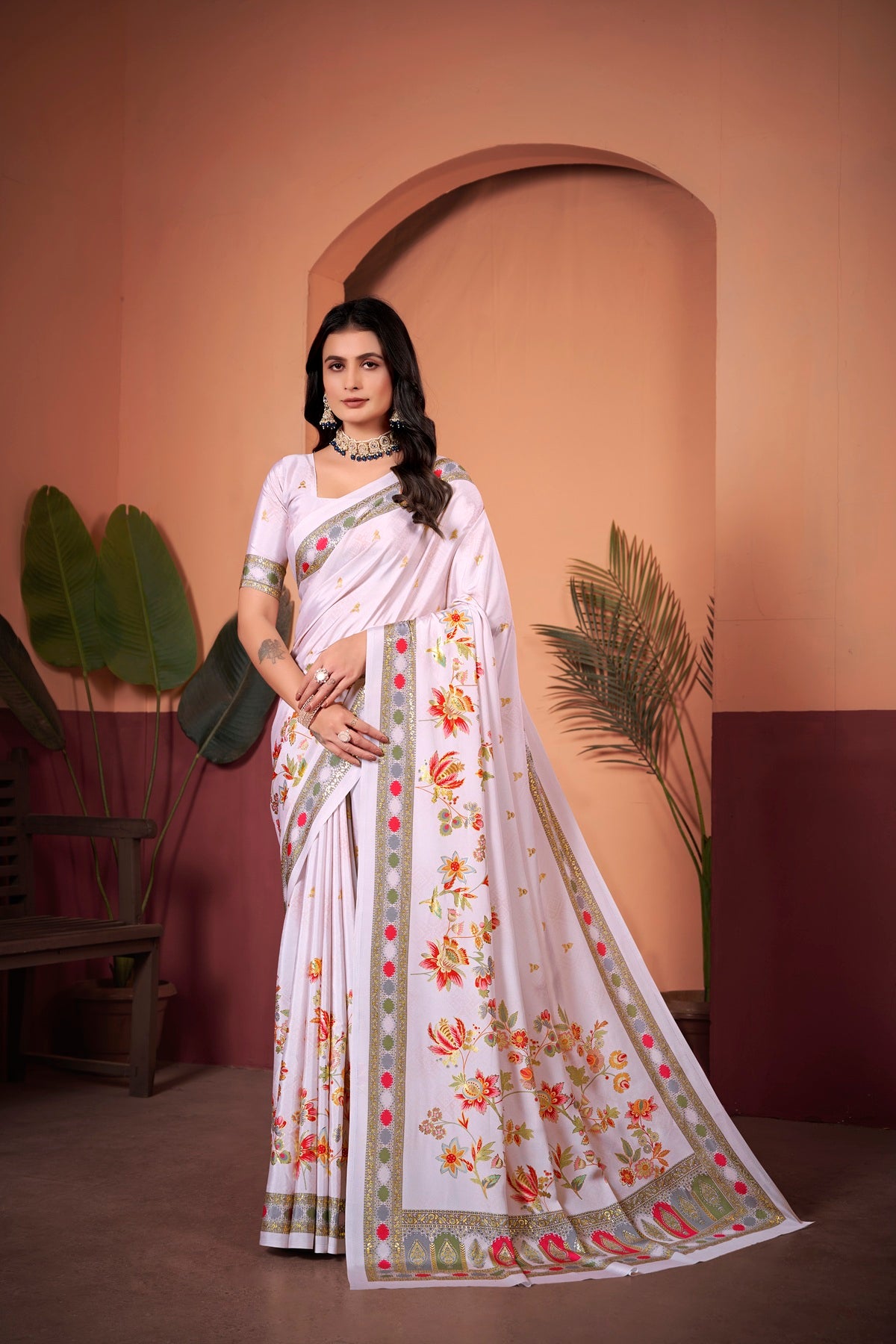 Graceful Off-White Saree with Positional Floral Print & Foil-Embellished Pallu