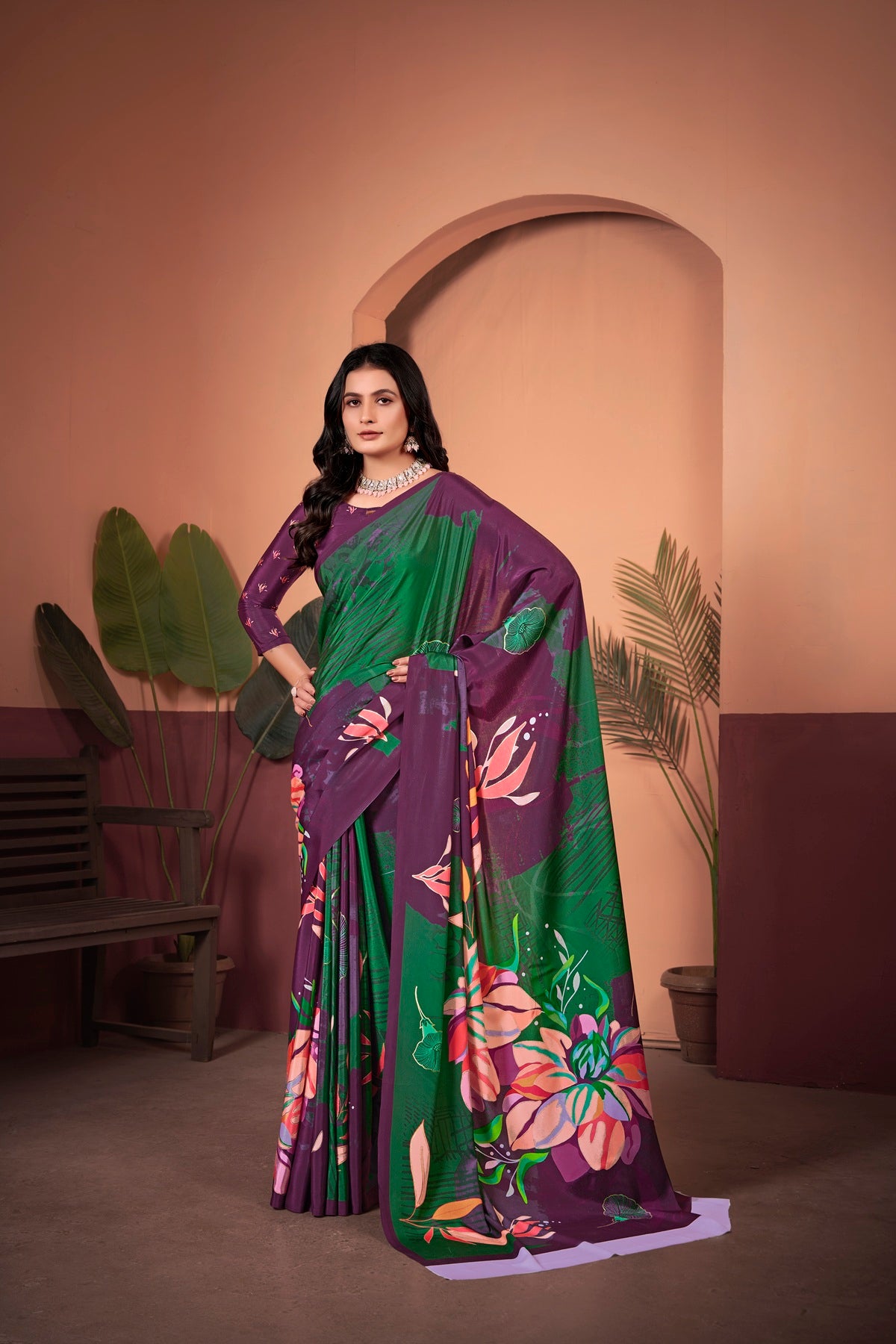 Regal Wine & Green Saree with Positional Floral Print & Foil-Embellished Pallu
